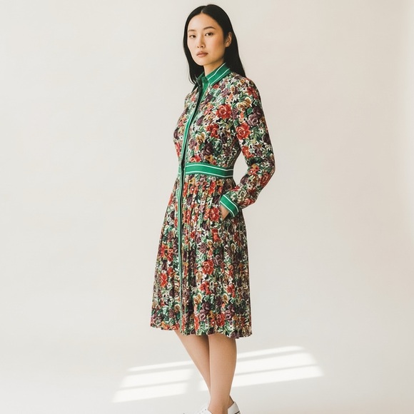 Brooks Brothers Dresses & Skirts - Brooks Brothers Retro Multicolor Floral Long Sleeve Dress with Green Stripe Band